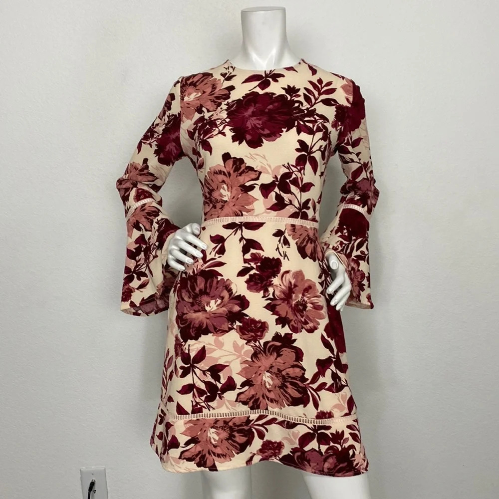 Charles Henry Multicolor Floral Print Back Zip Long Bell Sleeve Dress Size LP